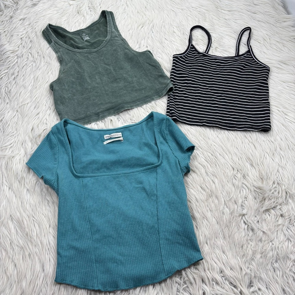 LOT 3 - American Eagle Women's XS Crop Top Tee Tanks Green Black Stripe Lounge